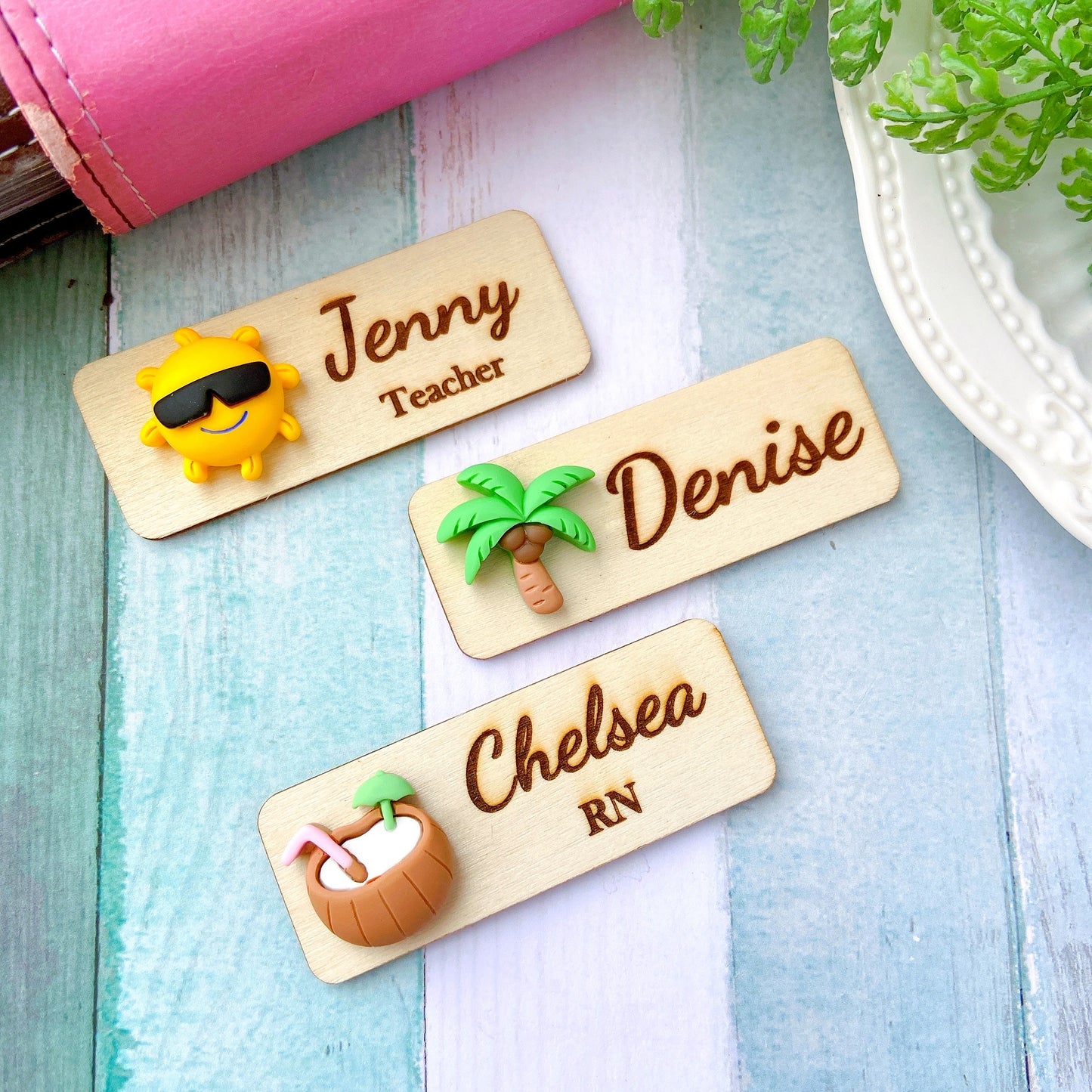 Personalized 3D Summer Coconut Tree Wooden Name Tag Badge - Sun