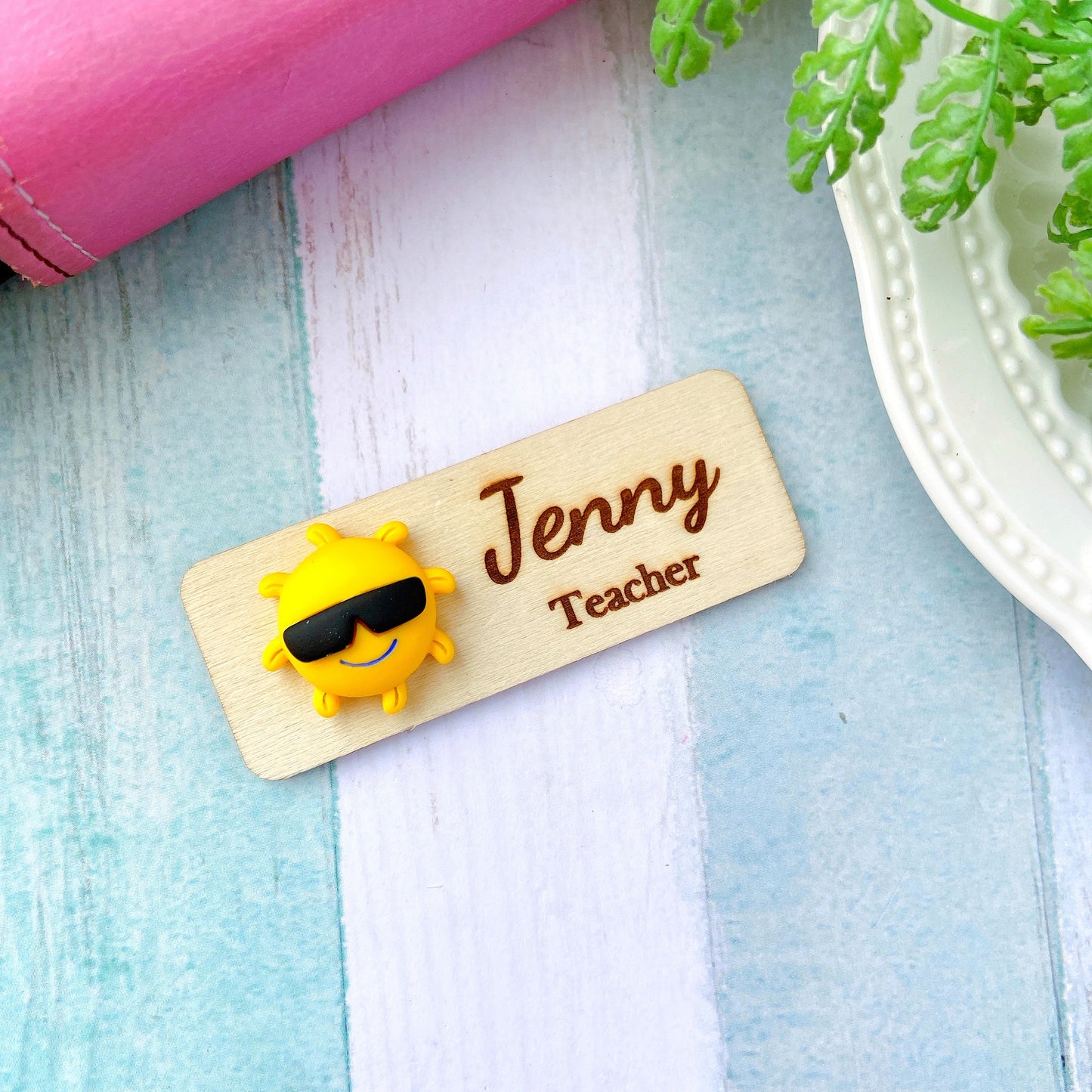 Personalized 3D Summer Coconut Tree Wooden Name Tag Badge - Sun