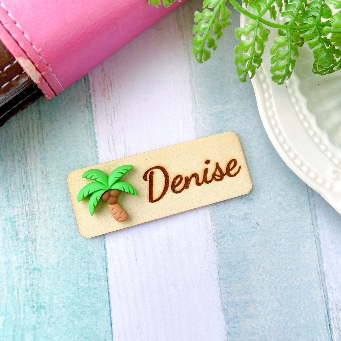 Personalized 3D Summer Coconut Tree Wooden Name Tag Badge - Sun