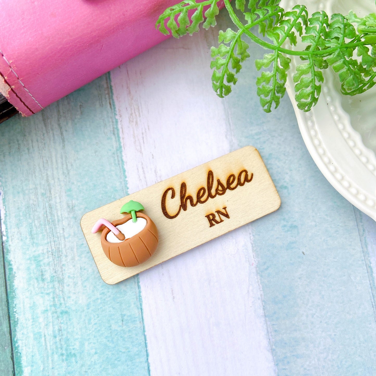 Personalized 3D Summer Coconut Tree Wooden Name Tag Badge - Sun