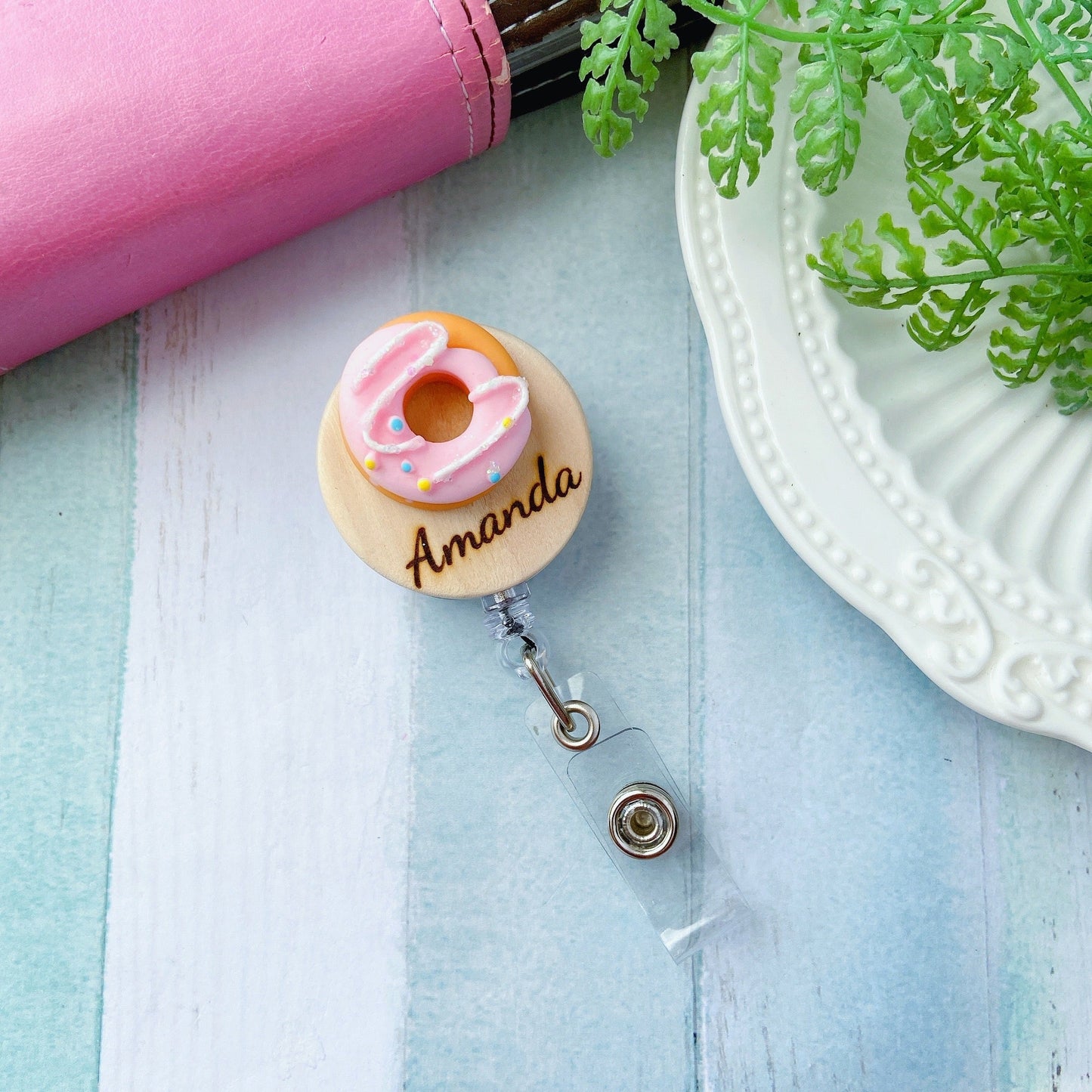 Handmade Personalized 3D Doughnut Name Badge Reel- Purple