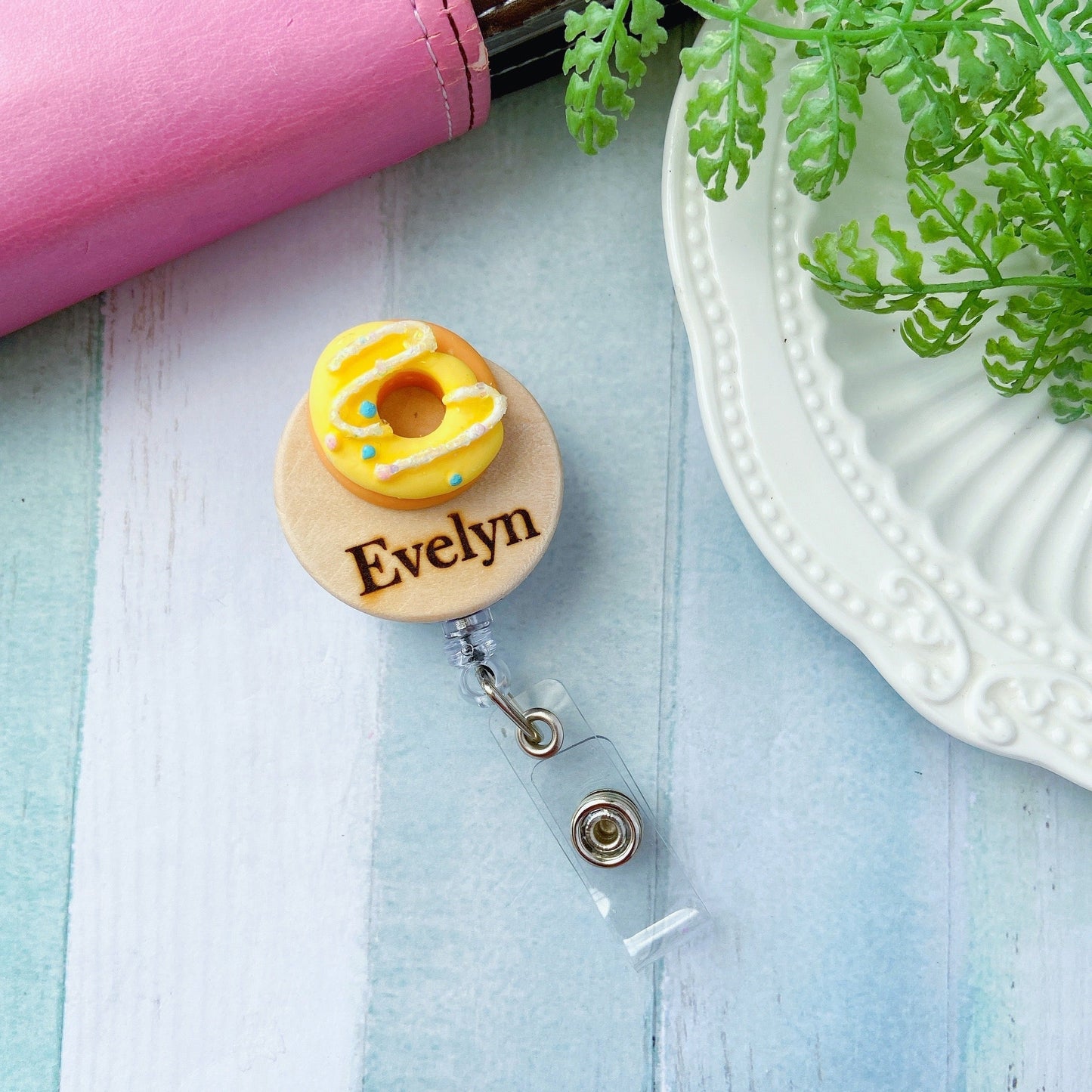 Handmade Personalized 3D Doughnut Name Badge Reel- Purple