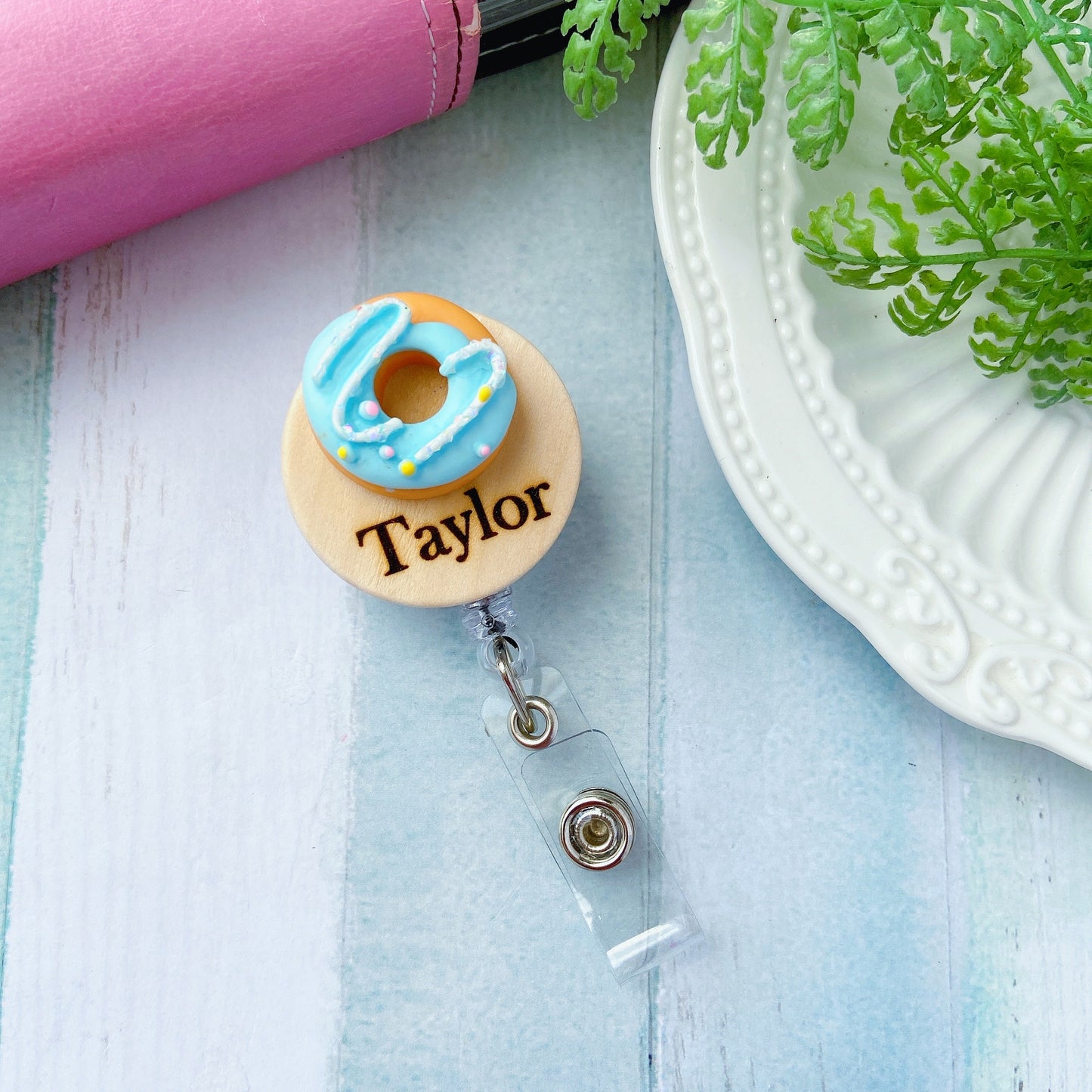 Handmade Personalized 3D Doughnut Name Badge Reel - White