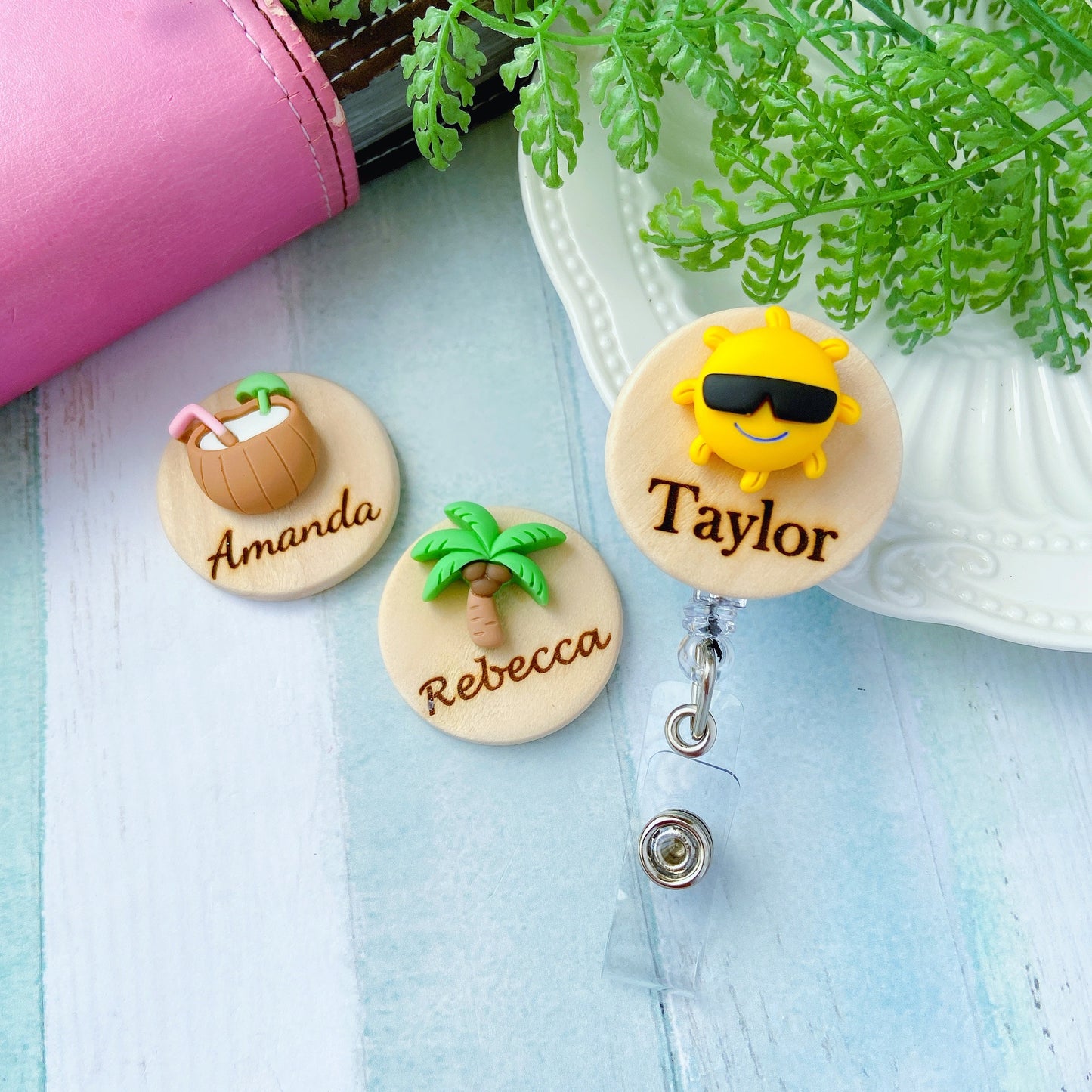 Summer Coconut Tree Personalized Name 3D Badge Reel - Sun