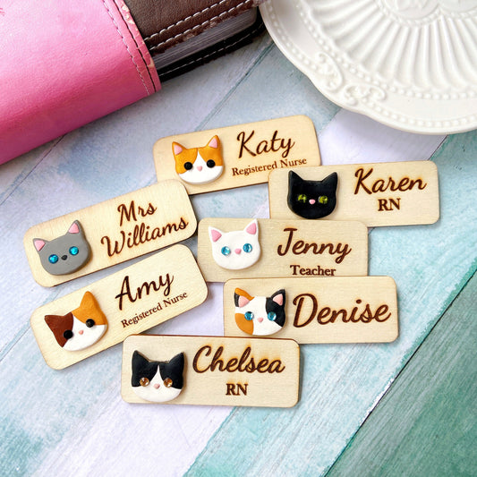 Handmade 3D Cat Head Personalized Wooden Name Tag Badge - Black Cat