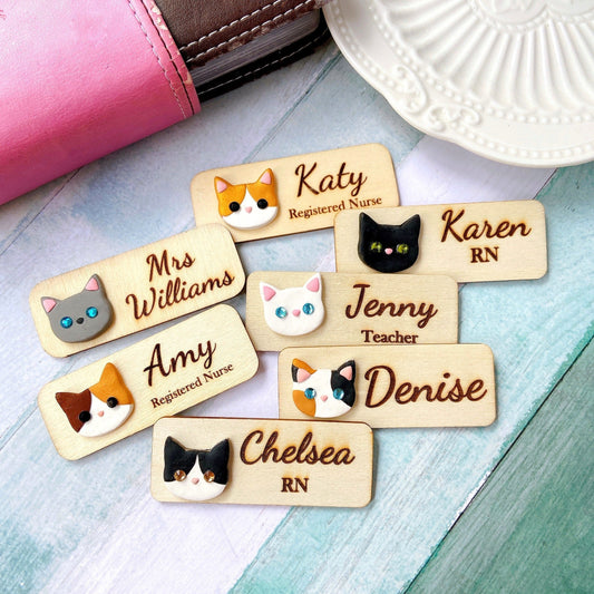 Handmade 3D Cat Head Personalized Wooden Name Tag Badge - Golden Cat