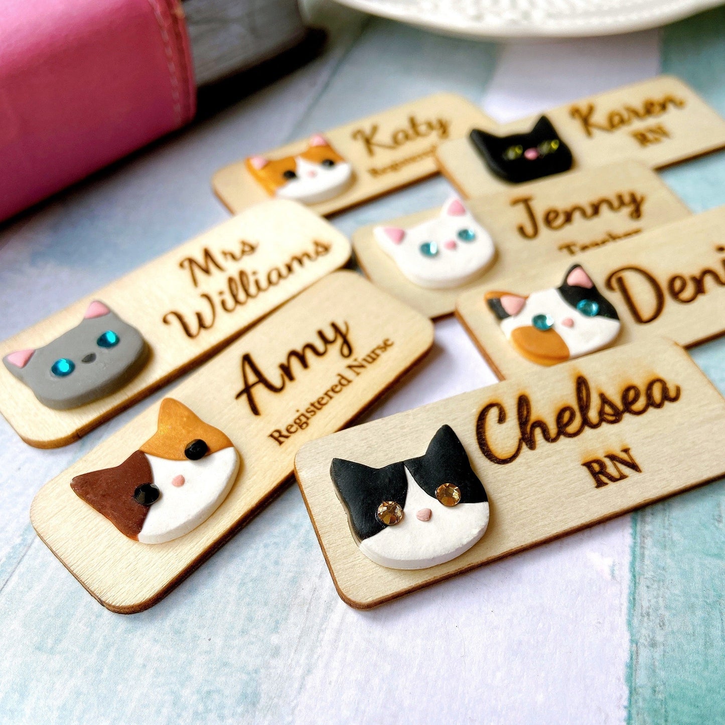 Handmade 3D Cat Head Personalized Wooden Name Tag Badge - Black and Brown Cat