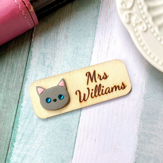 Handmade 3D Cat Head Personalized Wooden Name Tag Badge - Grey Cat