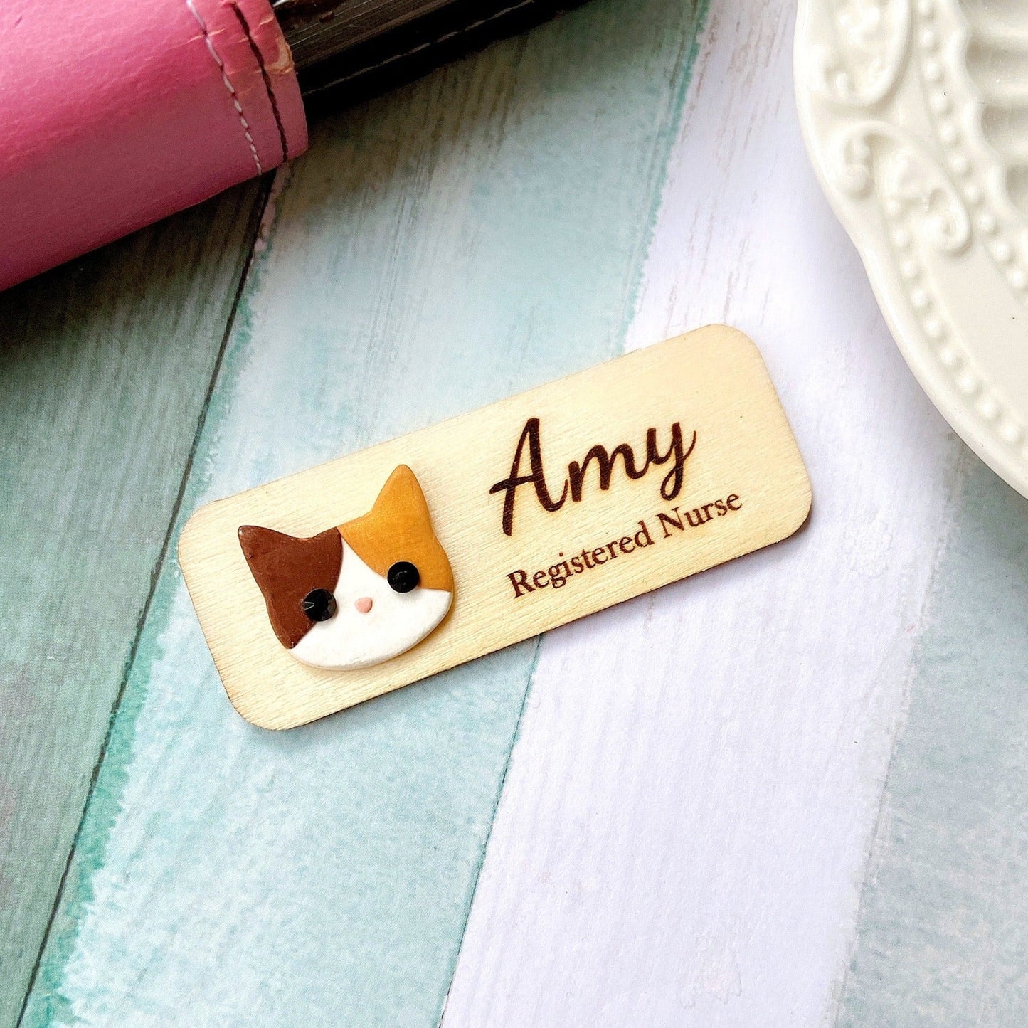 Handmade 3D Cat Head Personalized Wooden Name Tag Badge - Black and Brown Cat