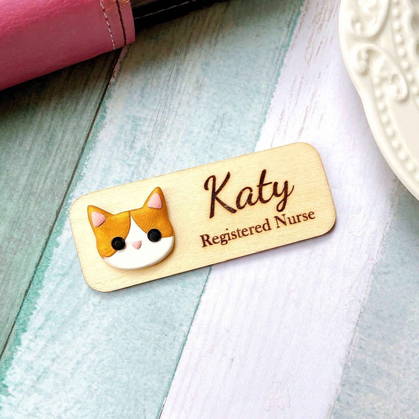 Handmade 3D Cat Head Personalized Wooden Name Tag Badge - Gold and Brown Cat