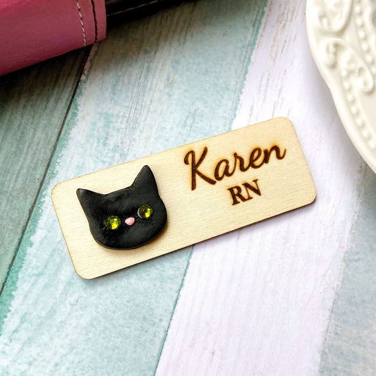 Handmade 3D Cat Head Personalized Wooden Name Tag Badge - Black Cat