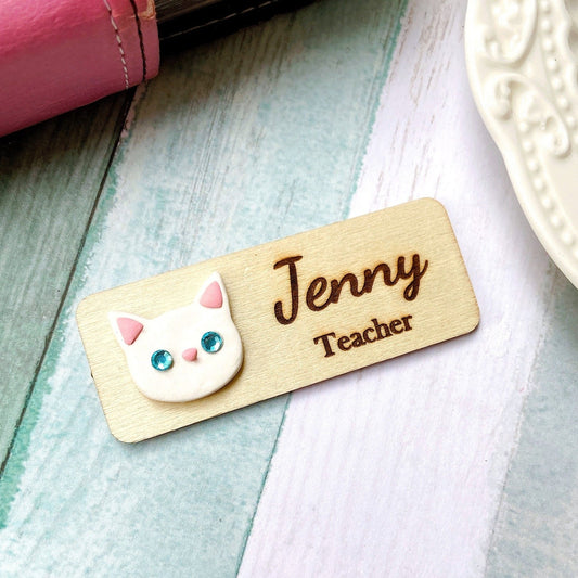 Handmade 3D Cat Head Personalized Wooden Name Tag Badge - White Cat