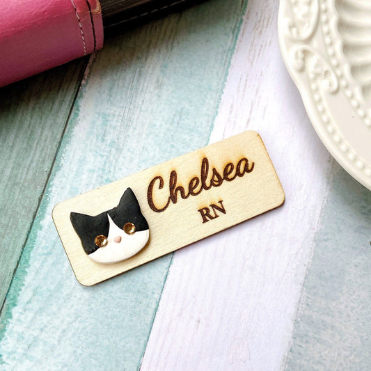 Handmade 3D Cat Head Personalized Wooden Name Tag Badge - Black and White Cat