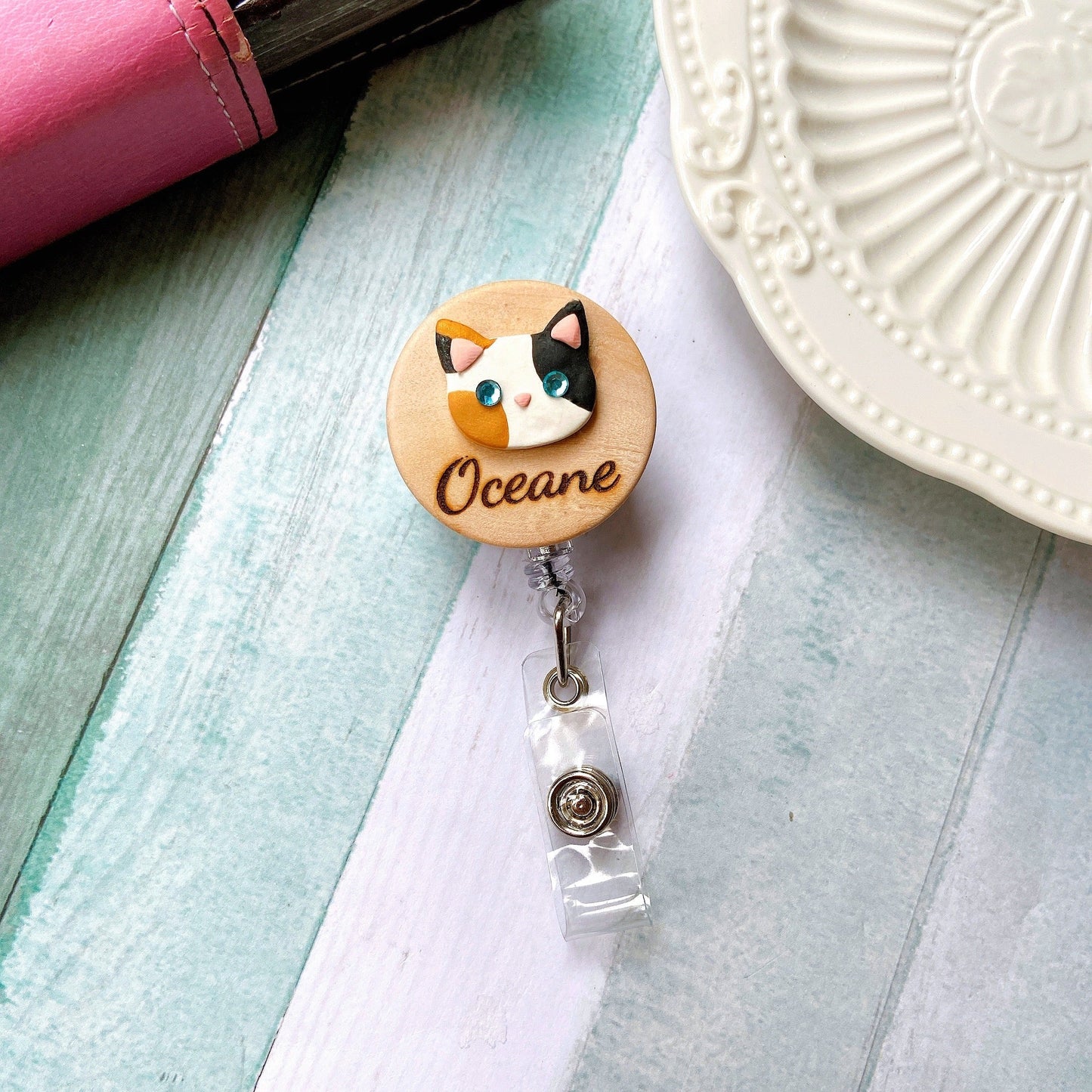 Handmade Personalized 3D Cat Head Wooden Name Badge Reel - Black and White Cat