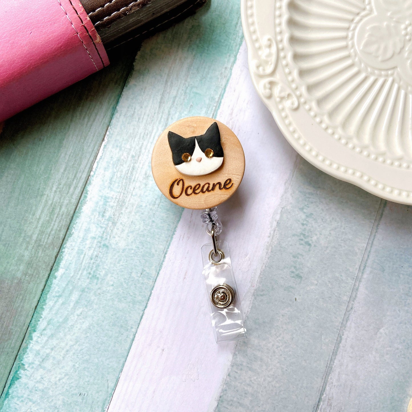 Handmade Personalized 3D Cat Head Wooden Name Badge Reel - Black Cat