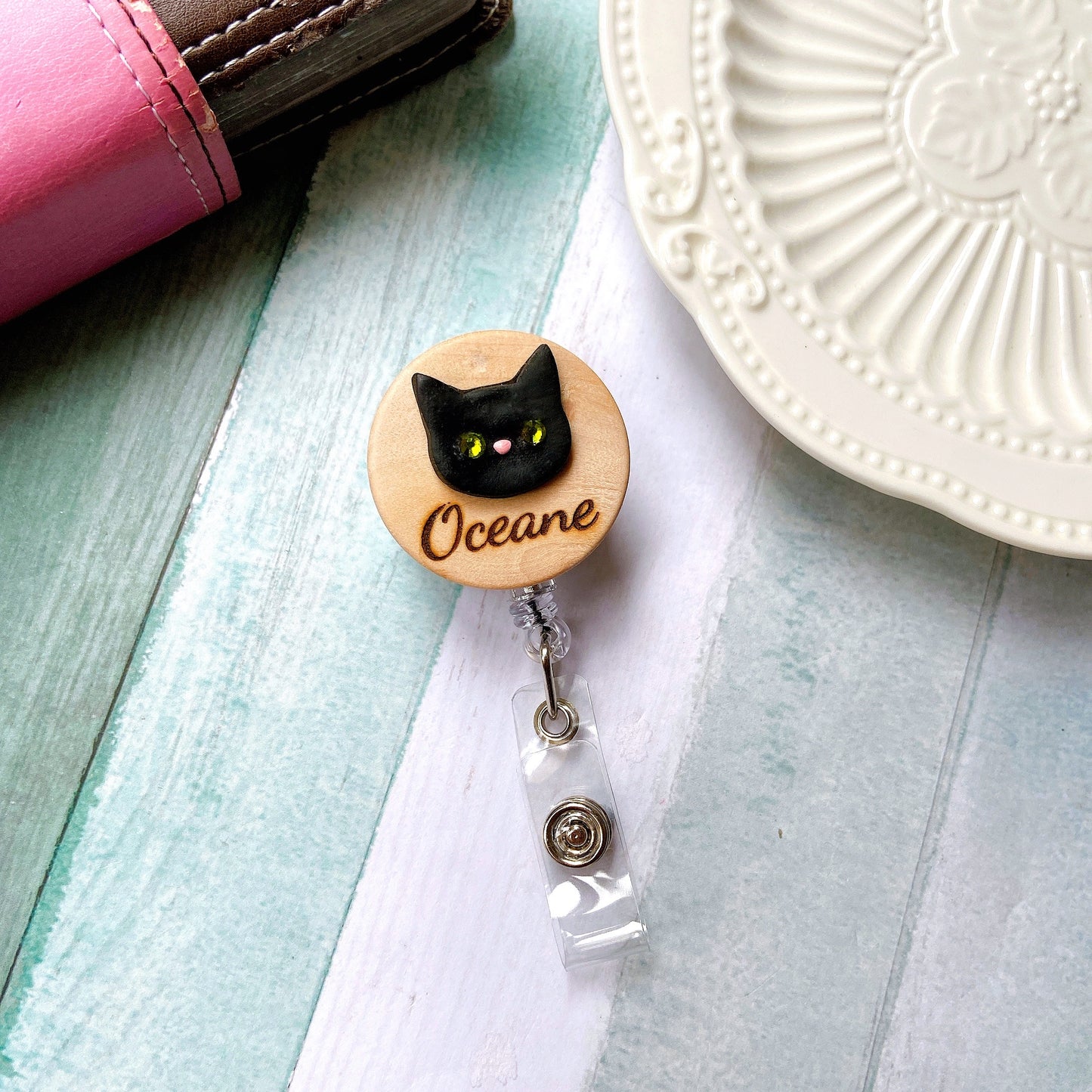 Handmade Personalized 3D Cat Head Wooden Name Badge Reel - Black Cat