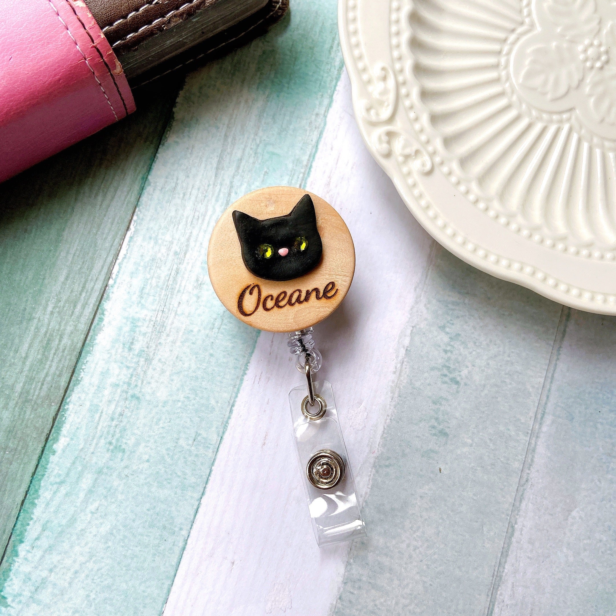  Lovely Black Cat Retractable Badge Reel - Cat ID Holder - Moon Badge  Reel - Kitty in the Moonlight : Handmade Products