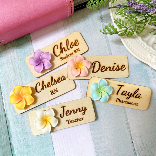 Plumeria Rubra 3D Theme Wooden Personalized Name Tag Badge - Yellow