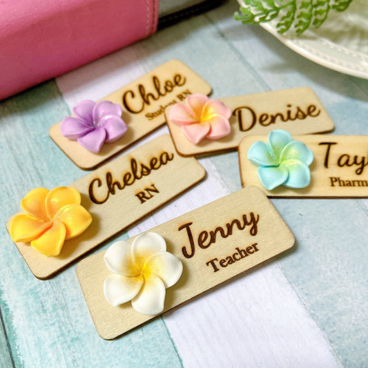 Plumeria Rubra 3D Theme Wooden Personalized Name Tag Badge - White