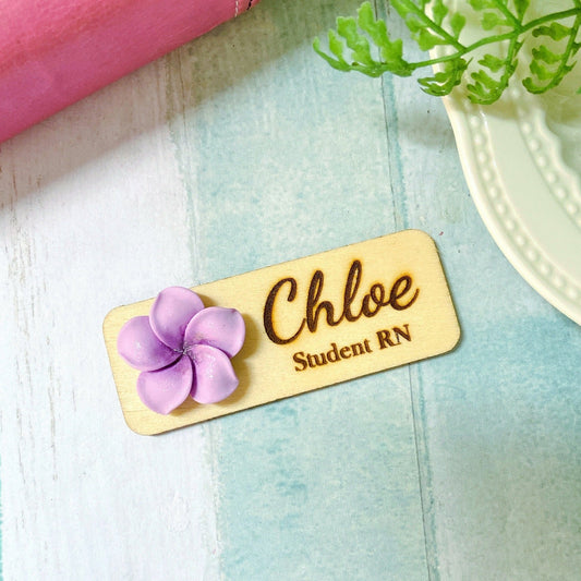 Plumeria Rubra 3D Theme Wooden Personalized Name Tag Badge - Purple