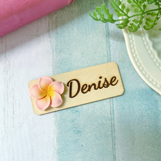 Plumeria Rubra 3D Theme Wooden Personalized Name Tag Badge - Pink