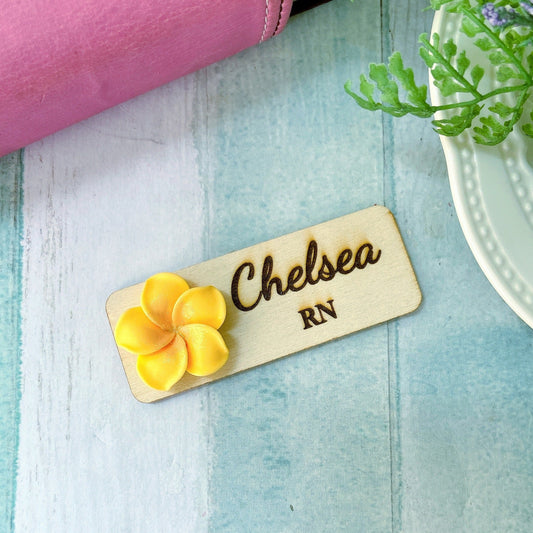 Plumeria Rubra 3D Theme Wooden Personalized Name Tag Badge - Yellow