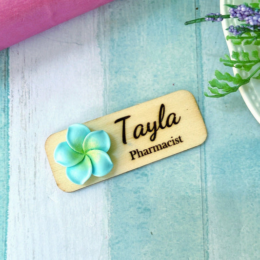 Plumeria Rubra 3D Theme Wooden Personalized Name Tag Badge - Blue