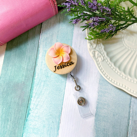 Plumeria Rubra Personalized 3D Theme Name Badge Reel - Pink