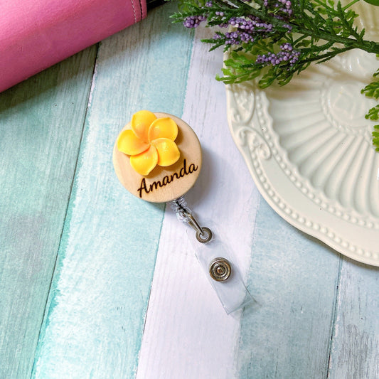 Plumeria Rubra Personalized 3D Theme Name Badge Reel - Yellow