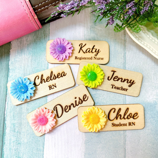 Personalized 3D Glitter Chrysanthemum Wooden Name Tag Badge - Yellow