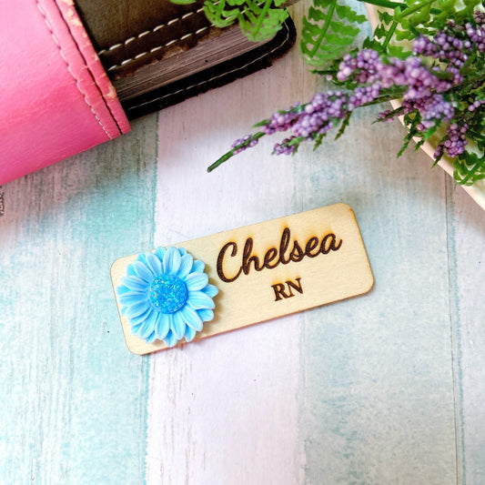 Personalized 3D Glitter Chrysanthemum Wooden Name Tag Badge - Blue