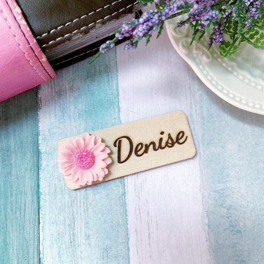 Personalized 3D Glitter Chrysanthemum Wooden Name Tag Badge - Pink