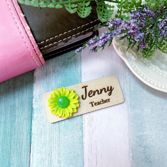 Personalized 3D Glitter Chrysanthemum Wooden Name Tag Badge - Green