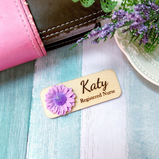 Personalized 3D Glitter Chrysanthemum Wooden Name Tag Badge - Purple