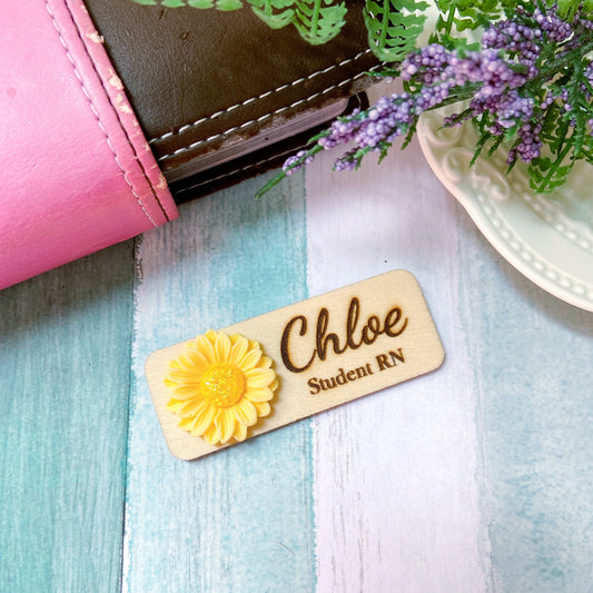 Personalized 3D Glitter Chrysanthemum Wooden Name Tag Badge - Yellow