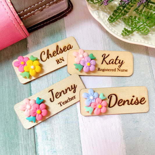 Personalized 3D Flower Bouquet Wooden Name Tag Badge - Pink & Yellow