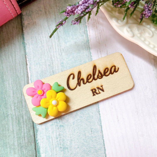 Personalized 3D Flower Bouquet Wooden Name Tag Badge - Pink & Yellow