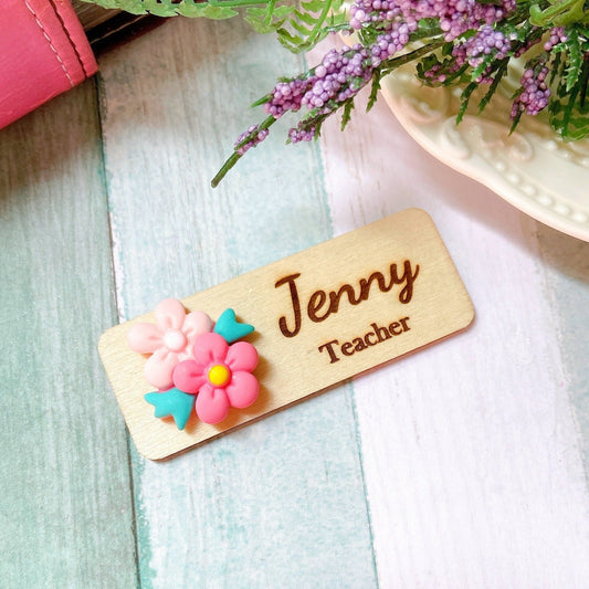 Personalized 3D Flower Bouquet Wooden Name Tag Badge - Pink & L Pink