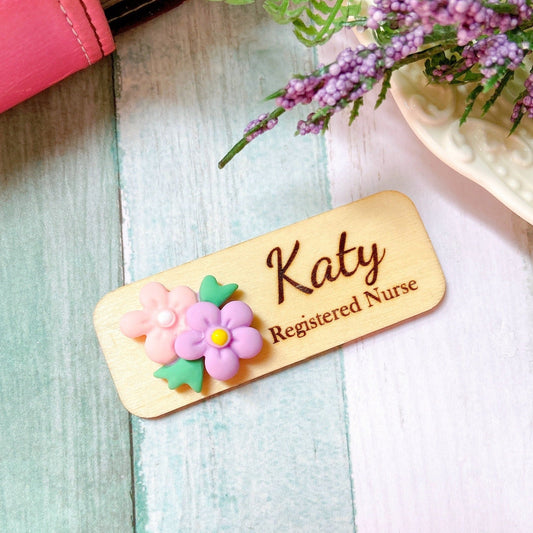 Personalized 3D Flower Bouquet Wooden Name Tag Badge - Pink & Purple