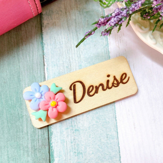 Personalized 3D Flower Bouquet Wooden Name Tag Badge - Blue & Pink