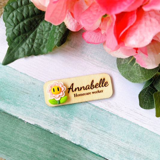 Floral Handmade Personalized 3D Wooden Name Tag Badge - Smily Flower