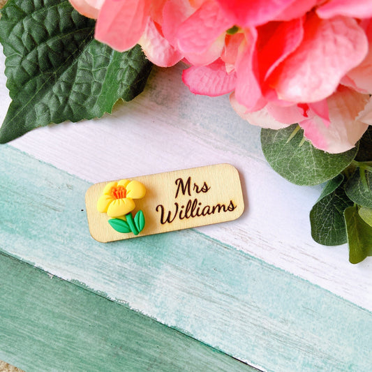 Floral Handmade Personalized 3D Wooden Name Tag Badge - Yellow Flower