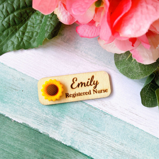 Floral Handmade Personalized 3D Wooden Name Tag Badge - Sunflower