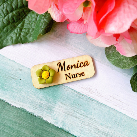 Floral Handmade Personalized 3D Wooden Name Tag Badge - Green Flower