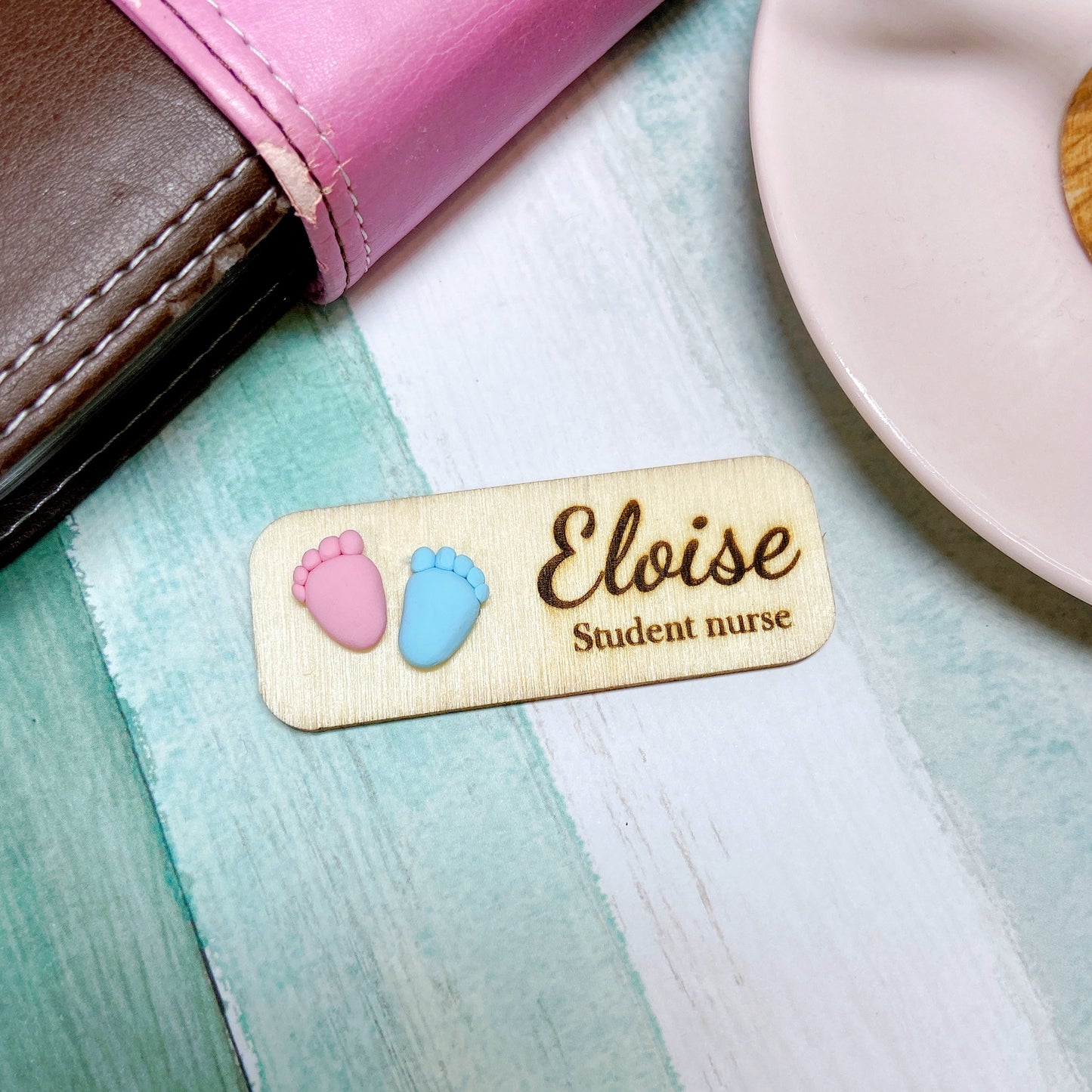 Nursing and Midwife Handmade Personalized 3D Wooden Name Tag - Baby Foot