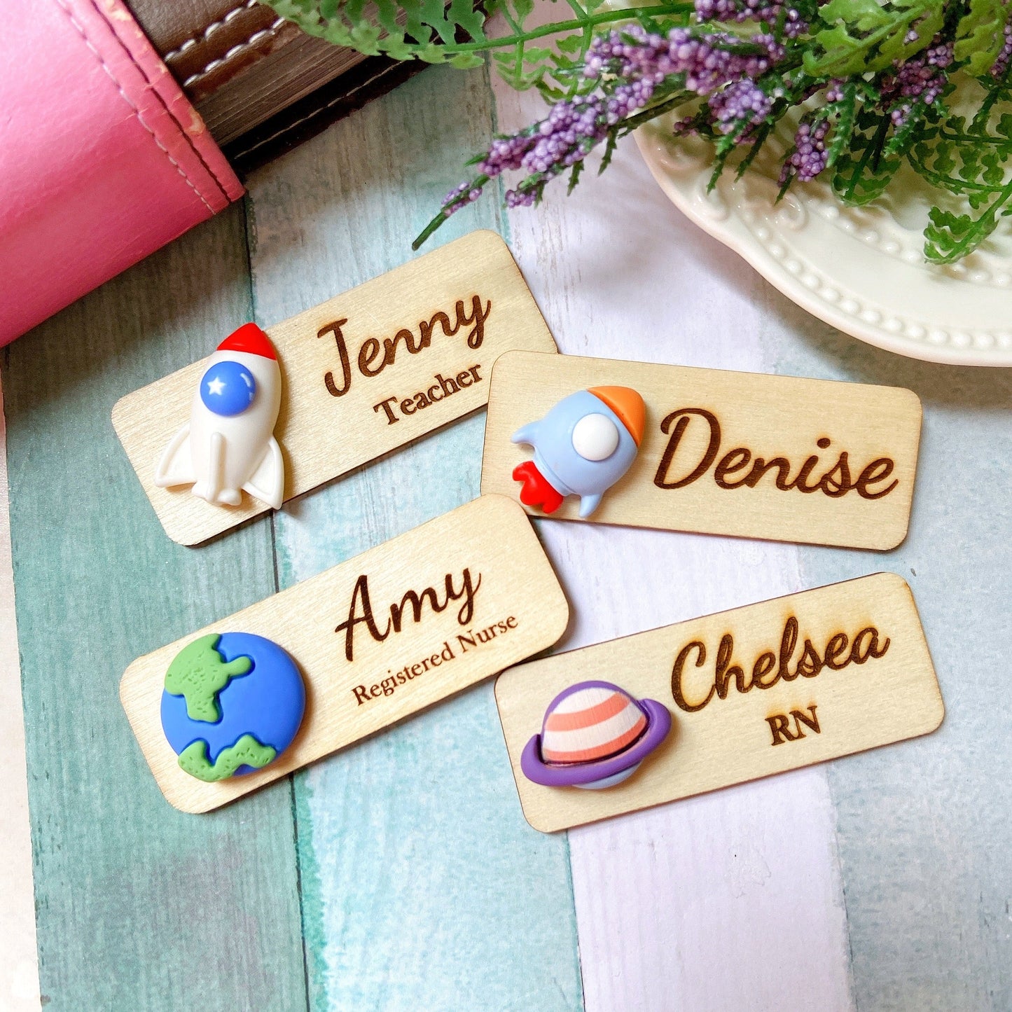 Galaxy Planet Personalized 3D Space Theme Wooden Name Tag Badge - Planet