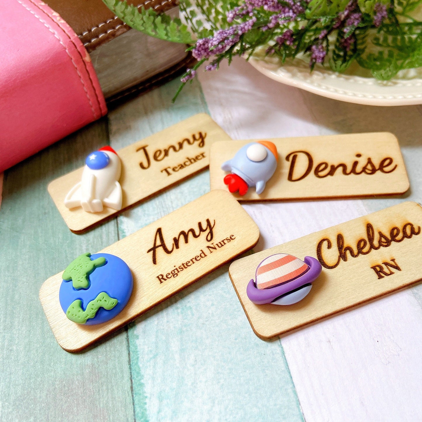 Galaxy Planet Personalized 3D Space Theme Wooden Name Tag Badge - Planet