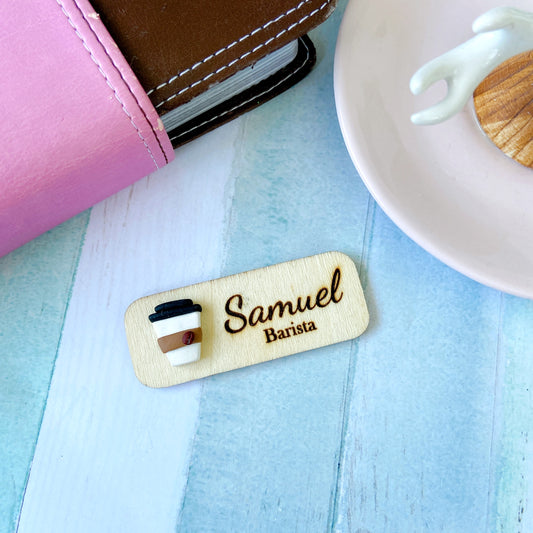 Cafe Personalized 3D Wooden Name Tag Badge - Coffee Cup