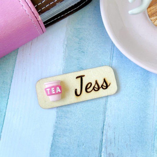 Cafe Personalized 3D Wooden Name Tag Badge - Tea Cup