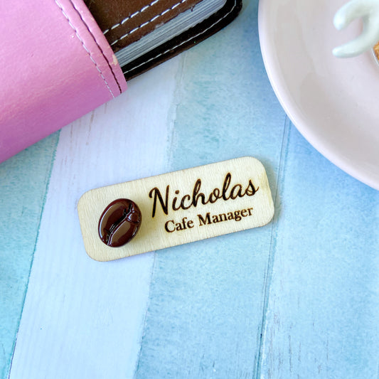 Cafe Personalized 3D Wooden Name Tag Badge - Coffee Bean